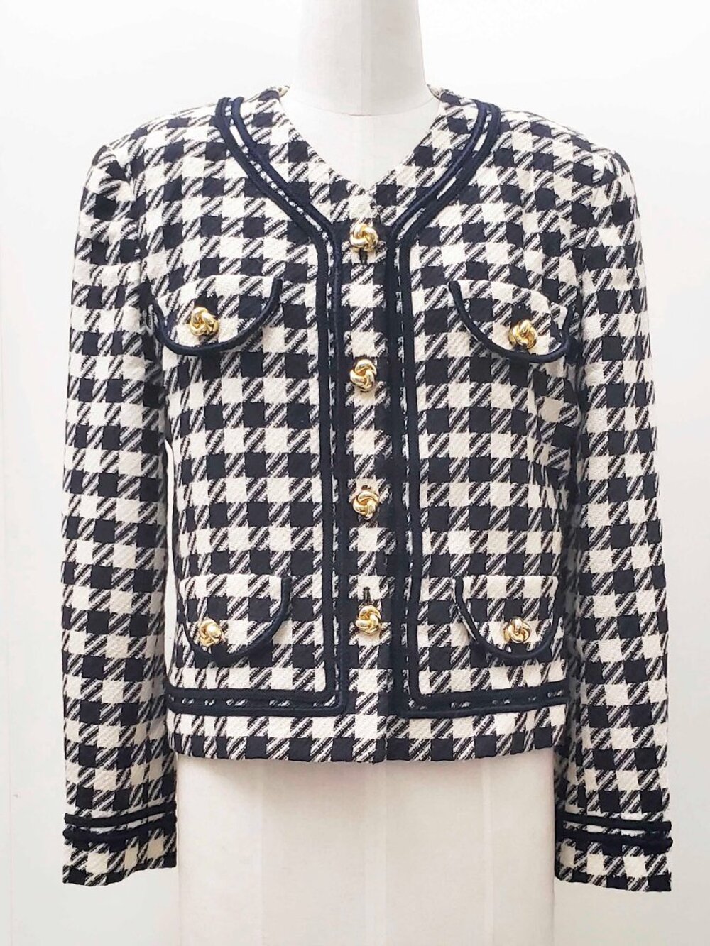 Vintage Escada Women's Black and White Check Blazer Cropped Jacket Check 40 / M